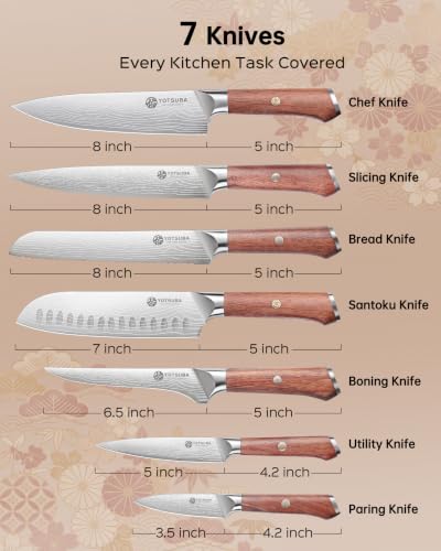 7PCS Japanese Kitchen Knife Set with Genuine Natural Rosewood Ergonomic Handle & Gift Box (7 Count)