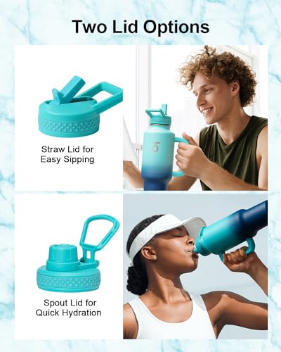 Insulated Water Bottle 40 oz Fits in Car Cup Holder with Side Handle (40 Ounces / Blue)