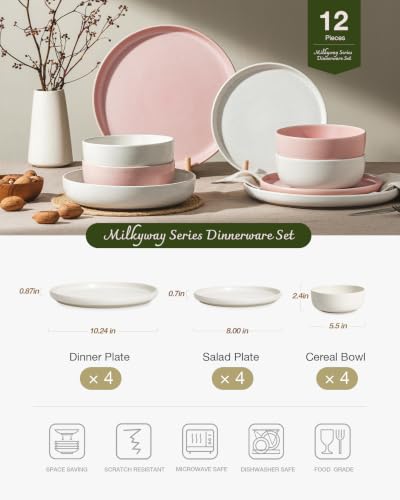 Milkyway 12 Piece Dinnerware Set (Matte Beige White & Light Pink / Service for 4 (Standard Dinner Set))