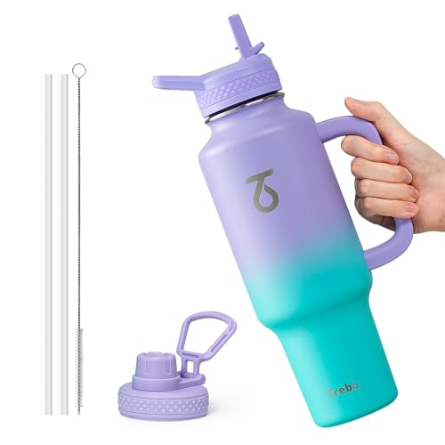 Insulated Water Bottle 40 oz Fits in Car Cup Holder with Side Handle (40 Ounces / Purple green)
