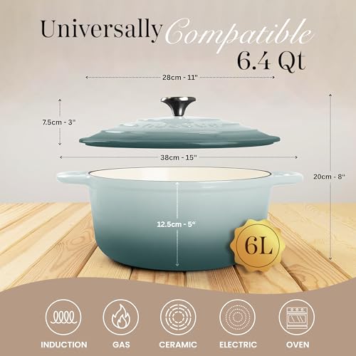 Enamelled Cast Iron Dutch Oven Pot with Lid 6.4 Quart Non Stick Casserole Pot