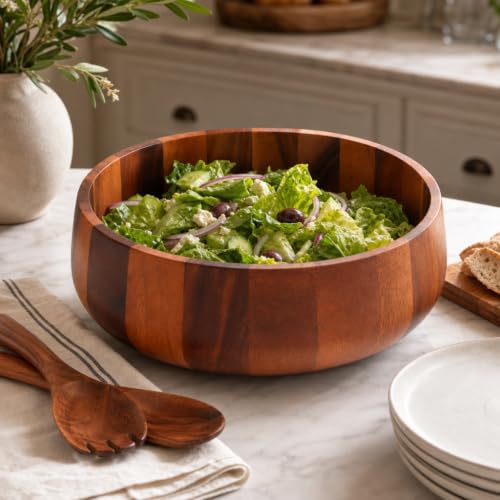 Modern Round Acacia Wood Serving Bowl for Fruits and Salads 4.5" H x 11" Diameter (4.5" Tall x 11" Diameter)