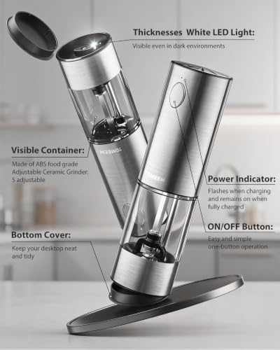 Larger Capacity Rechargeable Electric Salt and Pepper Grinder Set (Silver)