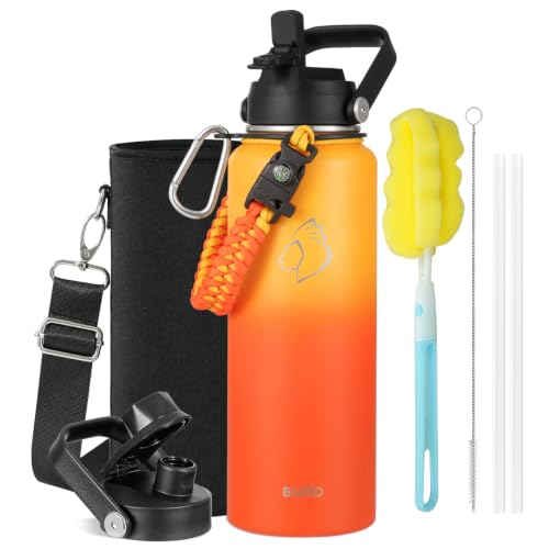 40 oz Insulated Water Bottle with Paracord Handle & Straw Spout Lids (40 Ounces / Yellow Orange)