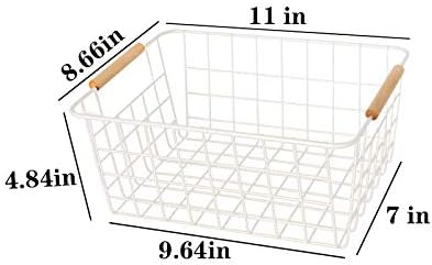 LeleCAT white wire baskets for organizing with Wooden Handles Storage Organizer Baskets, Household snack basket for Cabinets, Pantry, Closets, Bedrooms, pantry organizers and storage - Set of 2(White)