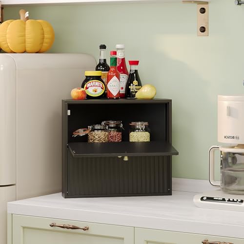 Corner Bread Box for Kitchen Countertop Bamboo Two Layer Large Capacity Bread Storage Bin Vintage Storage for Homemade Bread (Black)