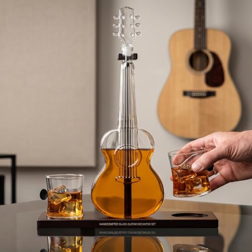 Guitar Whiskey & Wine Decanter & Mahogany Base (3 Count)