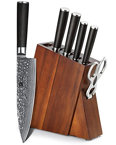 Damascus 7 Piece Kitchen Chef Knife Block Set (7 Count)