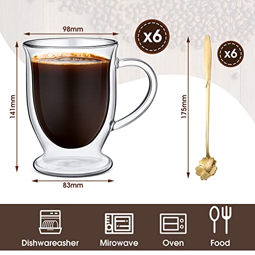 6 Sets Double Wall Glass Coffee Mugs with Spoon Insulated Clear Coffee Mug with Handle Borosilicate Glass Coffee Cups Latte Cup for Cappuccino (16 OZ)