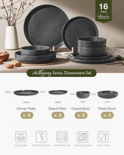Milkyway 16 Piece Stoneware Dinnerware Set (Matte Dark Charcoal / Service for 4 (Include Pasta Bowls))