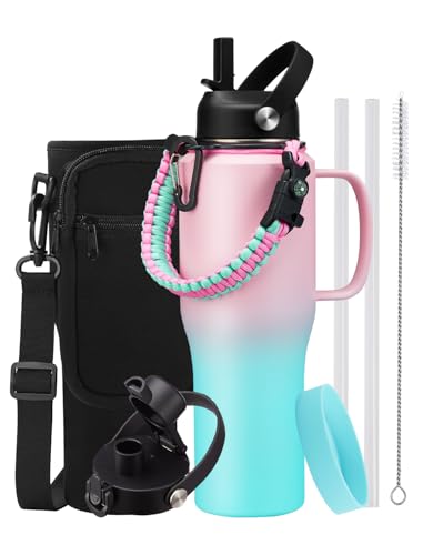 Insulated Water Bottle 32 oz with Handle and Straw Lid (Pink Green / 32 Ounces with built-in handle)