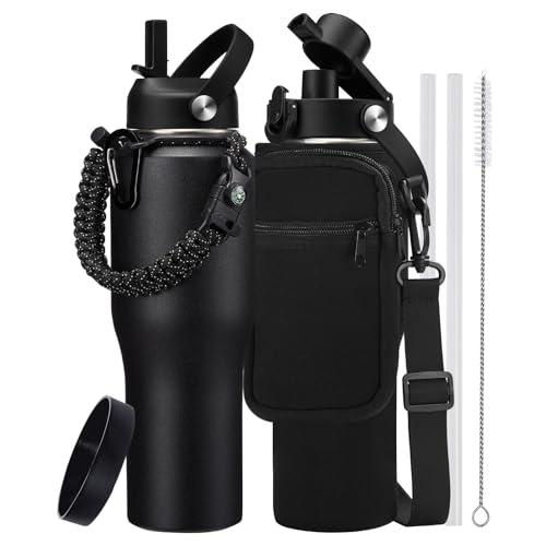 32 oz Insulated Water Bottle Fits Car Cup Holder with Straw Lid & Auto Lid (Onyx Black / 32 Ounces)