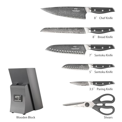 7 Piece Damascus Knife Set with Block (7 Count)