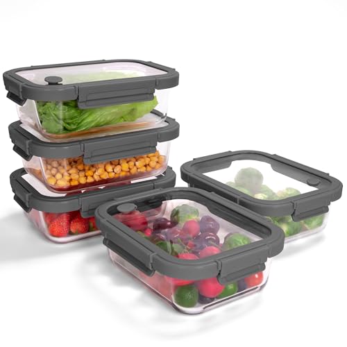 5 Pack Borosilicate Glass Containers with Tempered Glass Lids (Tempered Lids Gray / 4.4 Cup*5)