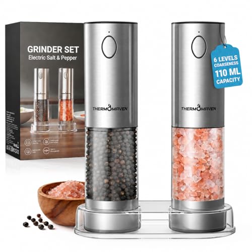 Upgraded Larger Capacity Electric Salt and Pepper Grinder Set (Large / Silver)