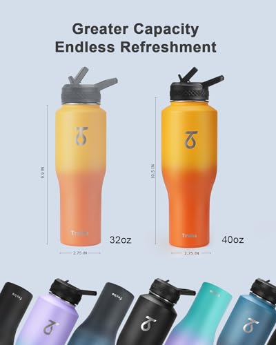 40 oz Water Bottle Insulated Fit in Any Car Cup Holder with 2 Lids (40 Ounces / Orange)