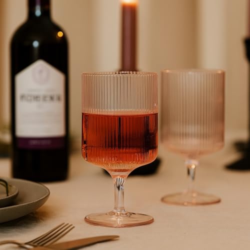 Ripple Textured Blush Pink Stemmed Glass Wine Goblets