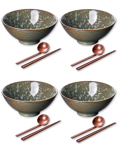 Large Japanese Ramen Bowl Set of 4 (Greee-4 Bowl Set)