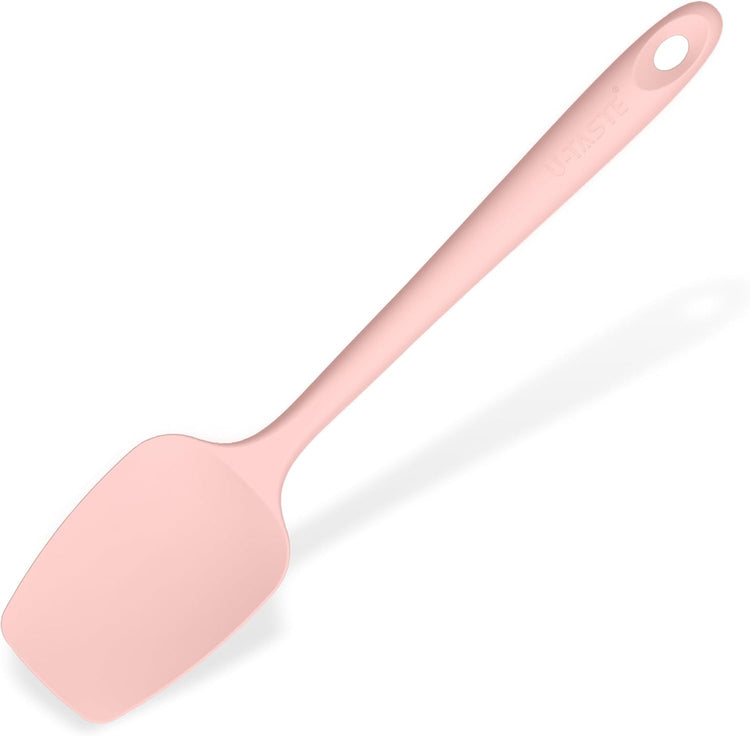 Heat Resistant Silicone Spoon Spatula: U-Taste 600ºF High Heat Flexible 11.38in Silicon Mixing Stirring Cooking Scraping Baking Bowl Scraper, Seamless for Kitchen Nonstick Cookware (Pink)