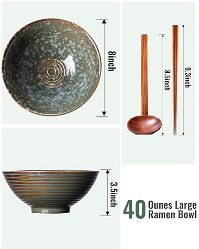 Large Japanese Ramen Bowl Set of 4 (Greee-4 Bowl Set)
