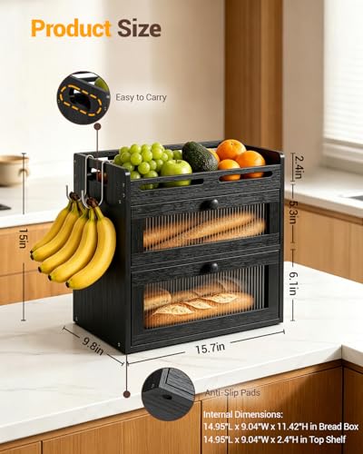 Bread Box for Kitchen Countertop (Black / 2-Tier)