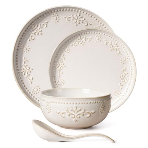 4 Piece Handcrafted Ceramic Dinnerware Set (Damask Floral (4 Pieces) (White))