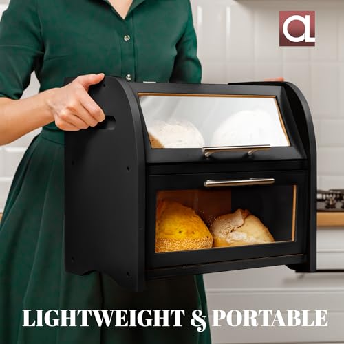 Arise Bamboo Wooden Bread Box for Kitchen Countertop (Black)