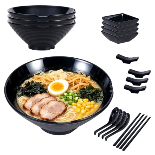 Unbreakable Melamine Ramen Bowl Set (4 piece set) (Black / Set-4)