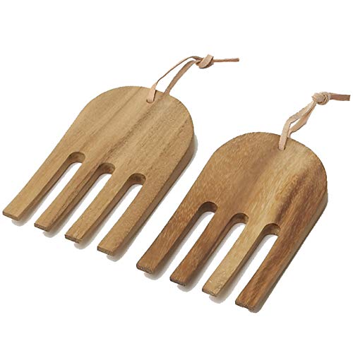 Woodard & Charles Acaica Wood 12" x 5" Serving Bowl Set with Serving Hands (12" x 5" Bowl w/ Salad Hands-*Pack of 4*)
