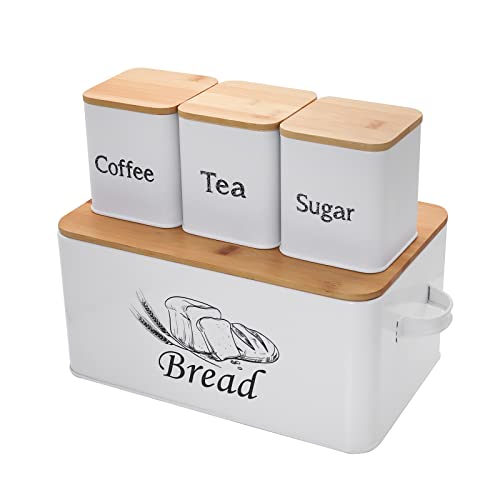 Bread Box with 3pcs Jars Coffee Sugar Tea for Kitchen Countertop White Metal Bread Box with Bamboo Board Cover Pastry Storage Container Set Kitchen decor (White Bread Box Set)