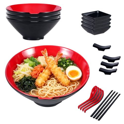 Unbreakable Melamine Ramen Bowl Set (4 piece set) (Red-Black / Set-4)