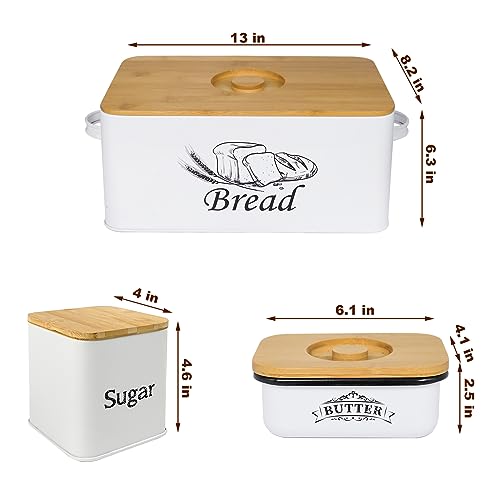 Bread Box with 3pcs Jars Coffee Sugar Tea for Kitchen Countertop White Metal Bread Box with Bamboo Board Cover Pastry Storage Container Set Kitchen decor (Bread Box with Butter Dish)