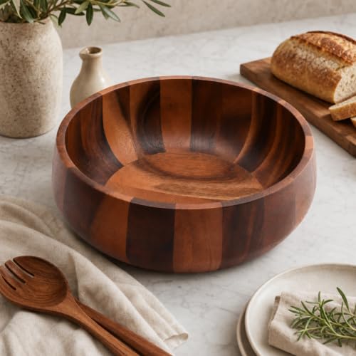 Modern Round Acacia Wood Serving Bowl for Fruits and Salads 4.5" H x 11" Diameter (4.5" Tall x 11" Diameter)
