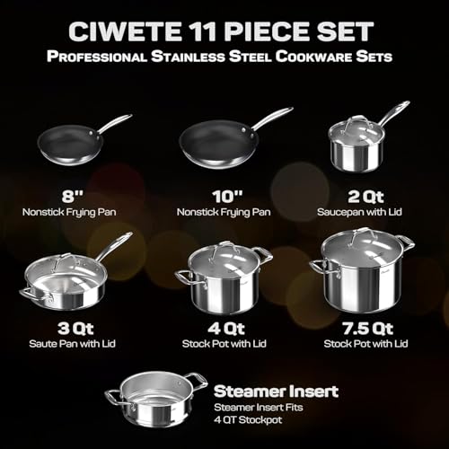 11 Piece Stainless Steel Pots and Pans Set Non Stick