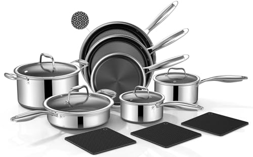 14 Piece Hybrid Stainless Steel Cookware Set with 3 Silicone Trivets