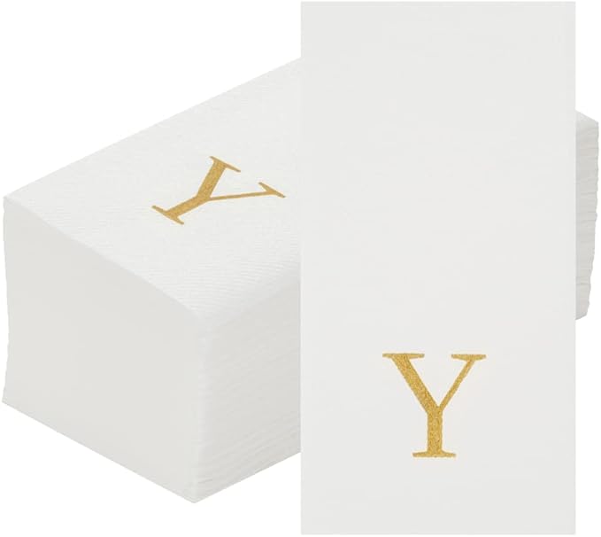 Luxenap 15.8 X 7.9 Inch Linen-Feel Guest Towels, 50 Lettered Hand Towels - Gold Letter 'Y', Sans Serif Font, White Paper Dinner Napkins, airlaid, For Restrooms And Tables - Restaurantware
