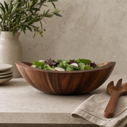 Large Acacia Wood Salad Serving Bowl (4" Tall x 11" Diameter)