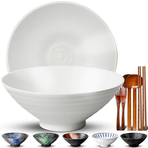8 Inch Ramen Bowl Set 2 Large Japanese Bowls Ceramic Microwavable 8pcs (Pure White / 8 INCH 2 Set)