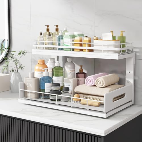 Under Sink Organizer Upgrade To Professional Rails (White / 2 Pack-18.5"Dx12.8"-16.9"H)