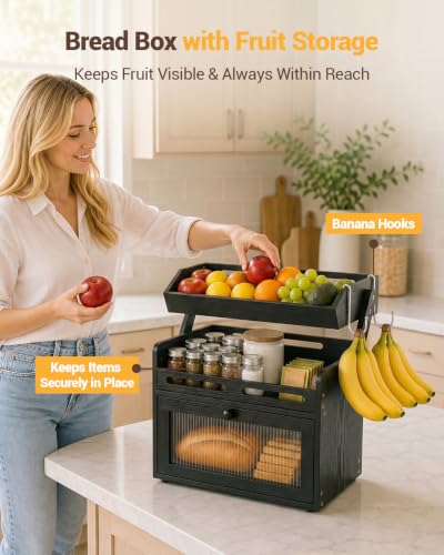 Bread Box for Kitchen Countertop (Black)