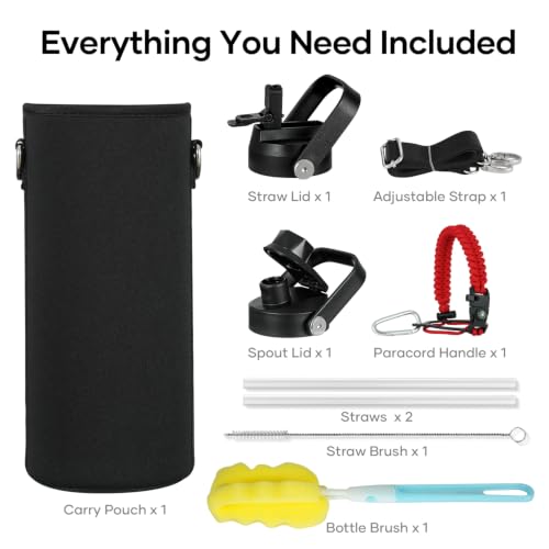 40 oz Insulated Water Bottle with Paracord Handle & Straw Spout Lids (40 Ounces / Red)