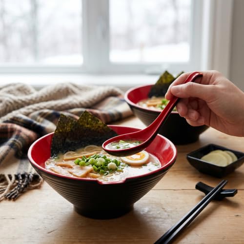 Unbreakable Melamine Ramen Bowl Set (2 piece set) (Red-Black / Set-2)