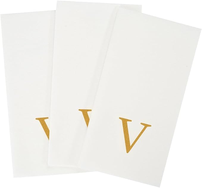 Luxenap 15.8 X 7.9 Inch Linen-Feel Guest Towels, 50 Lettered Hand Towels - Gold Letter 'V', Sans Serif Font, White Paper Dinner Napkins, airlaid, For Restrooms And Tables