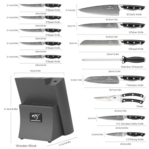 15PCS Damascus Chef Kitchen Knife Set with Block