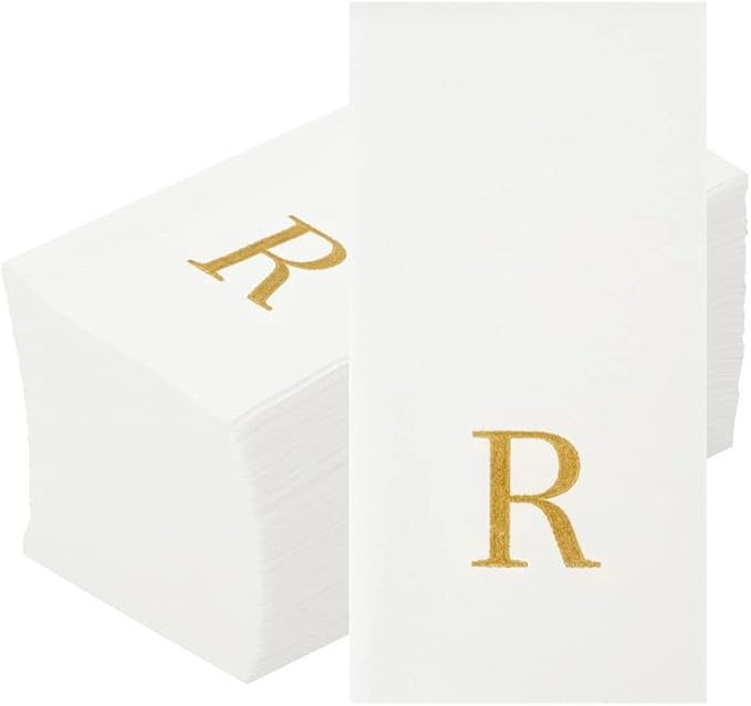Luxenap 15.8 X 7.9 Inch Linen-Feel Guest Towels, 50 Lettered Hand Towels - Gold Letter 'R', Sans Serif Font, White Paper Dinner Napkins, airlaid, For Restrooms And Tables