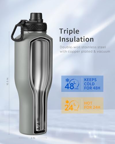 40 oz Water Bottle Insulated Fit in Any Car Cup Holder with 2 Lids (40 Ounces / Gray)
