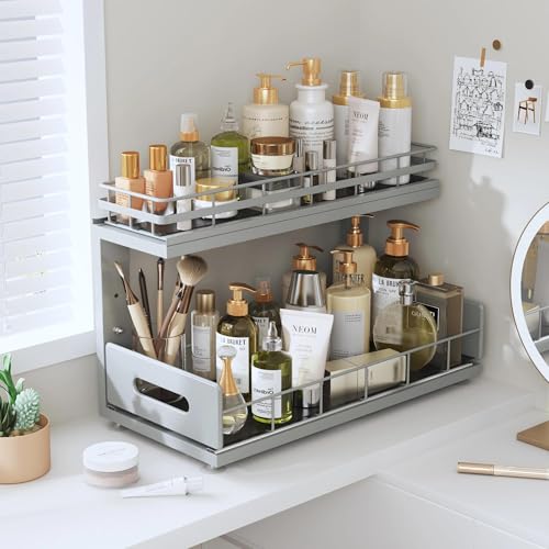 Under Sink Organizer Upgrade To Professional Rails (Gun Gray / 2 Pack-16.7"Dx12.8"-16.9"H)