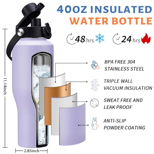 40 oz Insulated Bottle with Straw & Spout Lid (Light Purple / 40 Ounces)