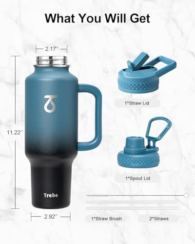 Insulated Water Bottle 40 oz Fits in Car Cup Holder with Side Handle (40 Ounces / Indigo Black)