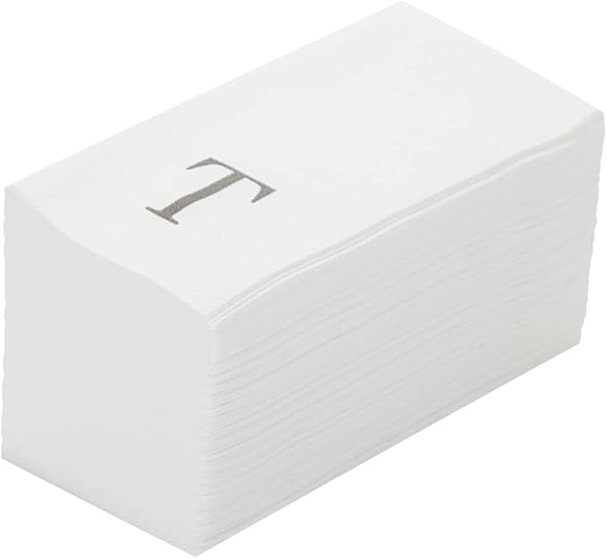 Luxenap 15.8 X 7.9 Inch Linen-Feel Guest Towels, 2000 Lettered Hand Towels - Silver Letter 'T', Sans Serif Font, White Paper Dinner Napkins, airlaid, For Restrooms And Tables - Restaurantware